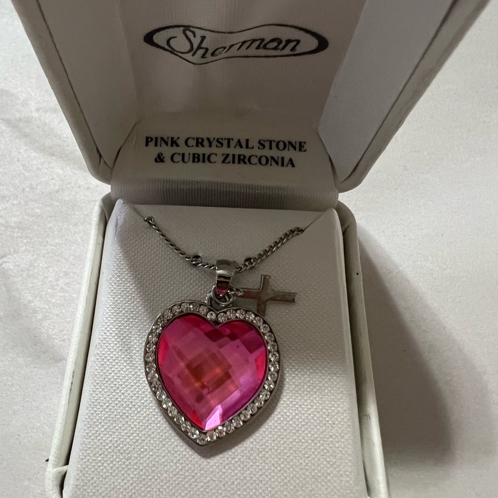 Sherman brand beautiful pink crystal CZ silver necklace
